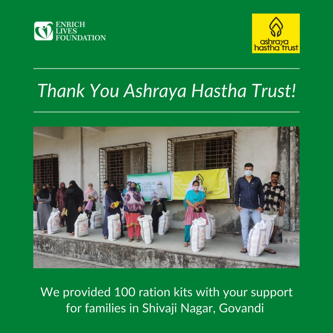 Enrich Lives Foundation (@enrichlivesfndn) on Twitter photo In continuation to our association with <a href="/AshrayaHastha/">Ashraya Hastha Trust</a> , we have started distributing ration kits to families in Shivaji Nagar, #Govandi!
They are helping us provide #ration kits to 5000 families and we will continue supporting #needy people with their aid 🤍
#mumbai #covid In continuation to our association with <a href="/AshrayaHastha/">Ashraya Hastha Trust</a> , we have started distributing ration kits to families in Shivaji Nagar, #Govandi!
They are helping us provide #ration kits to 5000 families and we will continue supporting #needy people with their aid 🤍
#mumbai #covid