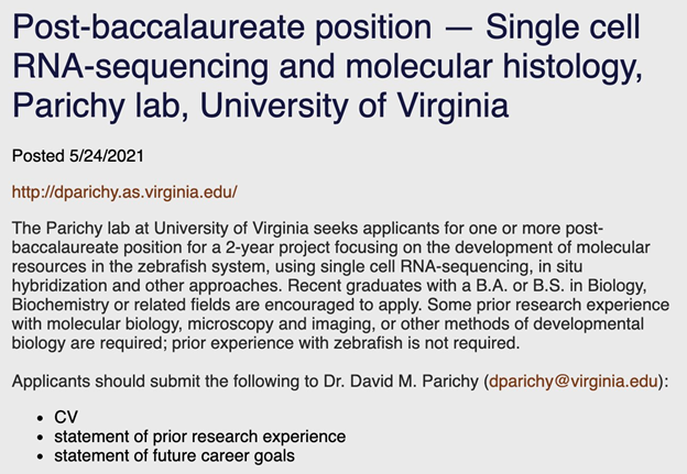 ZebrafishRock's tweet photo. #ZebrafishJobs (cont.) by
#FishmanLab @Harvard πΊπΈ (Postdoc)
https://t.co/BFTUGwtmxz
@parichylab πΊπΈ (Postdoc)
https://t.co/JUqGXyN09r
@PatrickBlader π«π· in collaboration with π²π½ (PhD)
https://t.co/YqbvwxIJQC
@parichylab πΊπΈ (Postbac) See image below
15/16 https://t.co/MMiOWl8Bpd