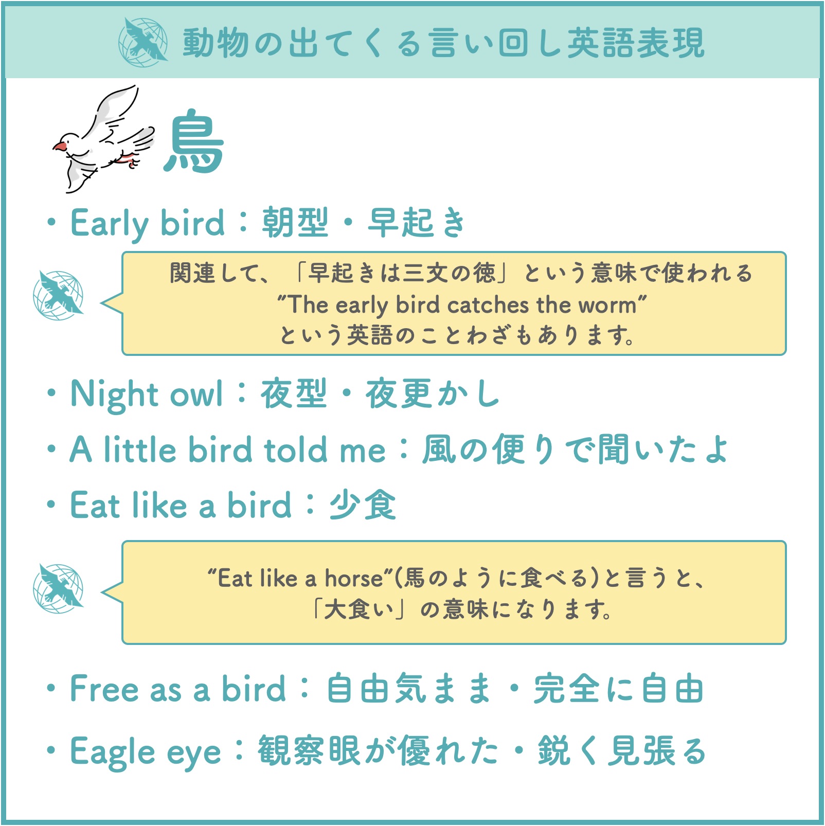 フライト英会話 保存版 動物の出てくる英語表現 犬 猫 鳥 以上の動物が出てくる 英語の言い回しやイディオム表現を 特によく使われるものを中心にまとめました T Co Lb6w44o6df Twitter