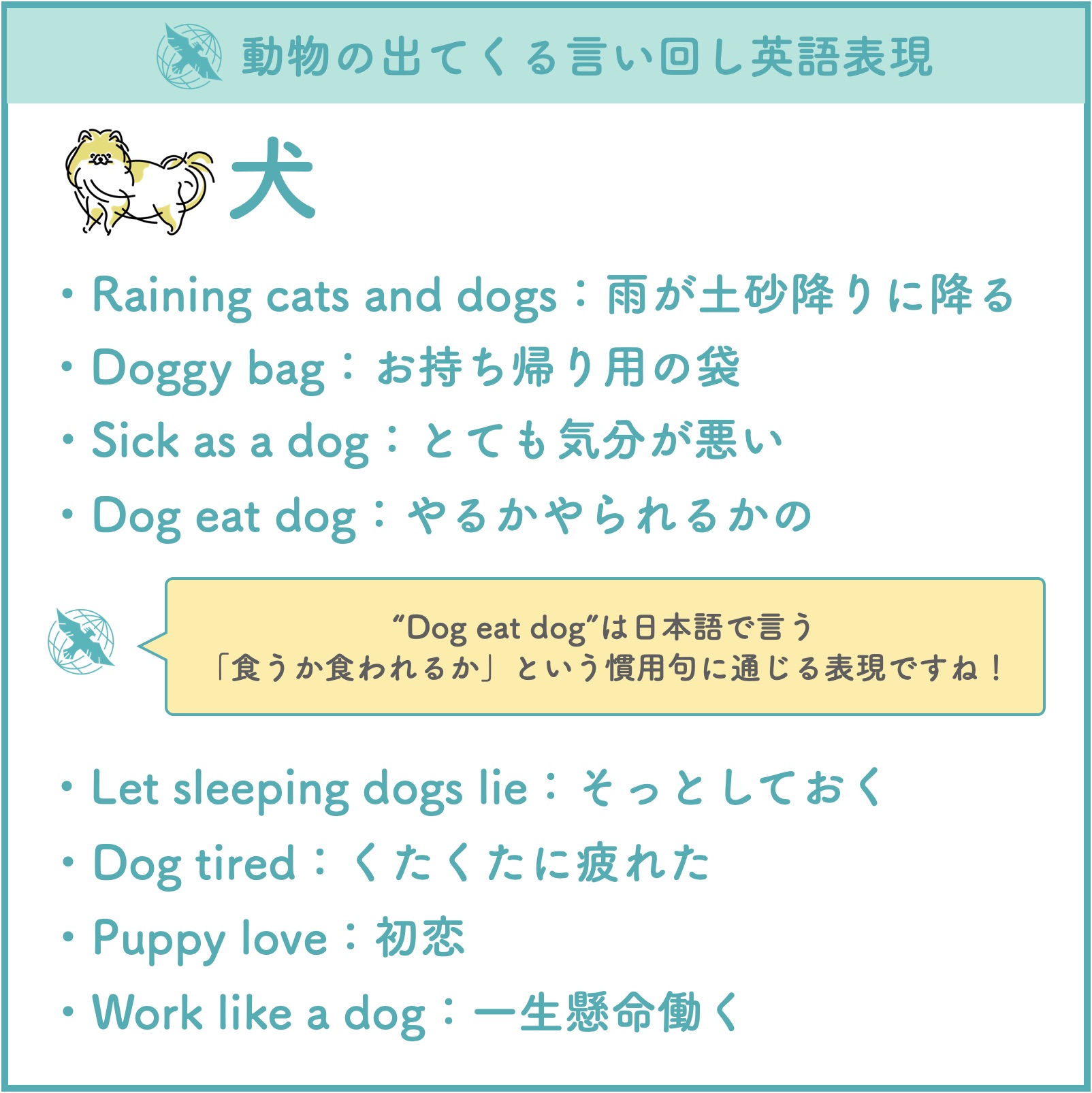 フライト英会話 保存版 動物の出てくる英語表現 犬 猫 鳥 以上の動物が出てくる 英語の言い回しやイディオム表現を 特によく使われるものを中心にまとめました T Co Lb6w44o6df Twitter