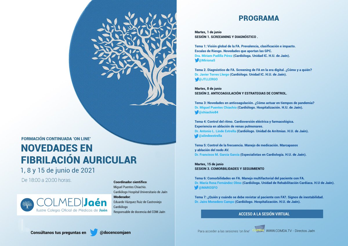 chiachio84's tweet photo. Las tardes del 1, 8 y 15 de junio desde  @colmedjaen de forma virtual, repasaremos conceptos básicos y novedades en el manejo de nuestros pacientes con Fibrilación Auricular. Os esperamos! 
@HospitalJaen @SACardiologia @docencomjaen @Miriona5 @MAROSFO @JTLLERGO @alindeestrella https://t.co/NIjagl19BV