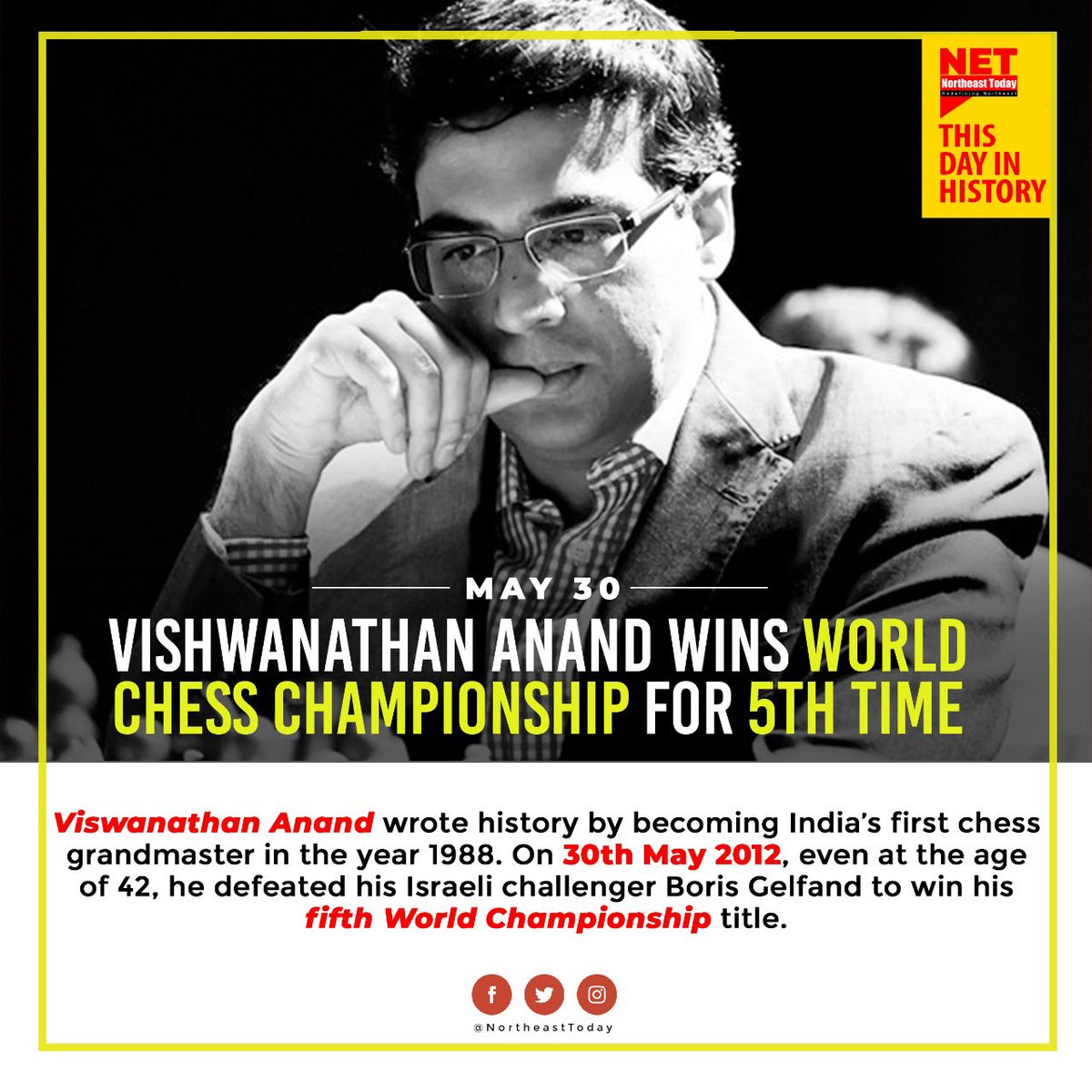 NortheastToday's tweet photo. #ThisDayInHistory 
Viswanathan Anand wrote history by becoming India’s first chess grandmaster in the year 1988. On 30th May 2012, at the age of 42, he defeated his Israeli challenger Boris Gelfand to win his fifth World Championship title.

#NETSnippet #Chess #VishwanathanAnand https://t.co/mIc4a8CqZD