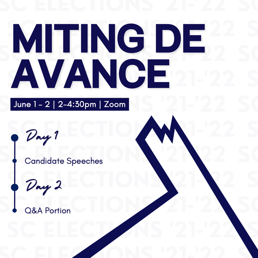 From the sunny stages of morning praise ☀️, to your virtual screens 💻, SCHOMELEC brings you one of the main events for this election season, the student council '21-'22 Miting de Avance! 🗣

Get to extensively know your candidates' values, beliefs, and campaigns this June 1&amp;2!💙