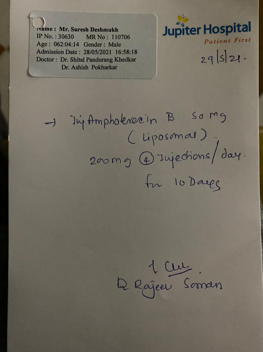 Folks: Urgent request for injections in #Pune for black fungus treatment. 

One of our team members father is critical and needs Amphoterecin B Liposomal urgently (max by today or tom)

Any leads greatly appreciated 🙏🏾 

Original prescription attached. 

<a href="/IAS_Rubal/">Rubal Agarwal</a> <a href="/SidShirole/">Siddharth Shirole</a>