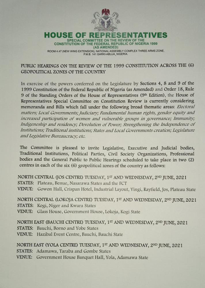 HonAhmedWase's tweet photo. @HouseNGR Special Committee on the  Review of the Constitution of the Federal Republic of Nigeria 1999 (As Amended) wish to announce the Public Hearings on the Review of the 1999 Constitution across the (6) geopolitical zones of the Country. https://t.co/qFQ1cHu5oq