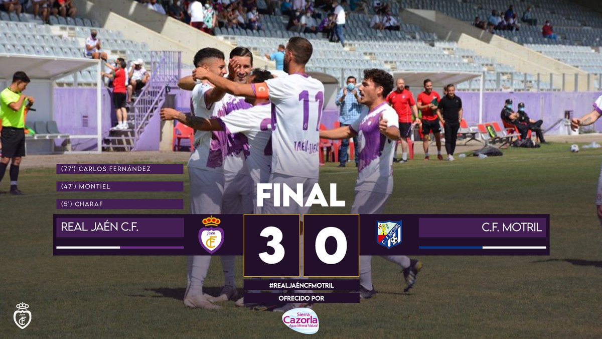 90' |#RealJaénCFMotril 3⃣-0️⃣
Final del partido. Victoria del Real Jaén C.F. frente al <a href="/CFMOTRIL/">C.F. MOTRIL</a> gracias a los tantos de Charaf, Montiel y Carlos Fernández
💜🤍#HalaJaén