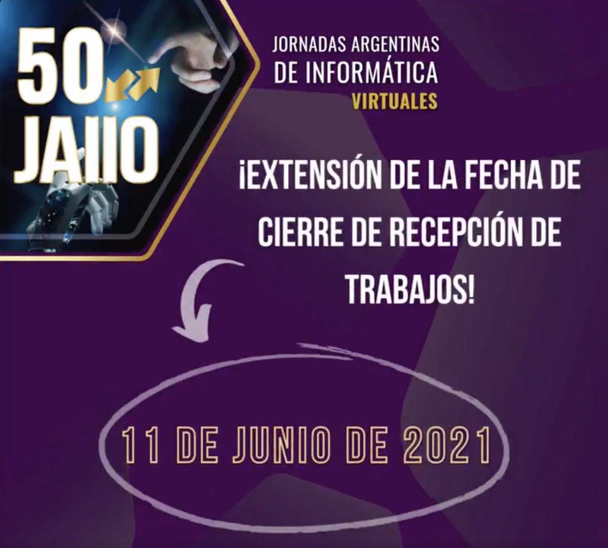 Se extendió la fecha de cierre del llamado de #50JAIIO...

¡Recibimos sus trabajos hasta el 11 de Junio!

50jaiio.sadio.org.ar/simposios/AGRA…

#AGRANDA2021 <a href="/jaiio_oficial/">54 JAIIO</a> <a href="/Sadio_Oficial/">SADIO</a>