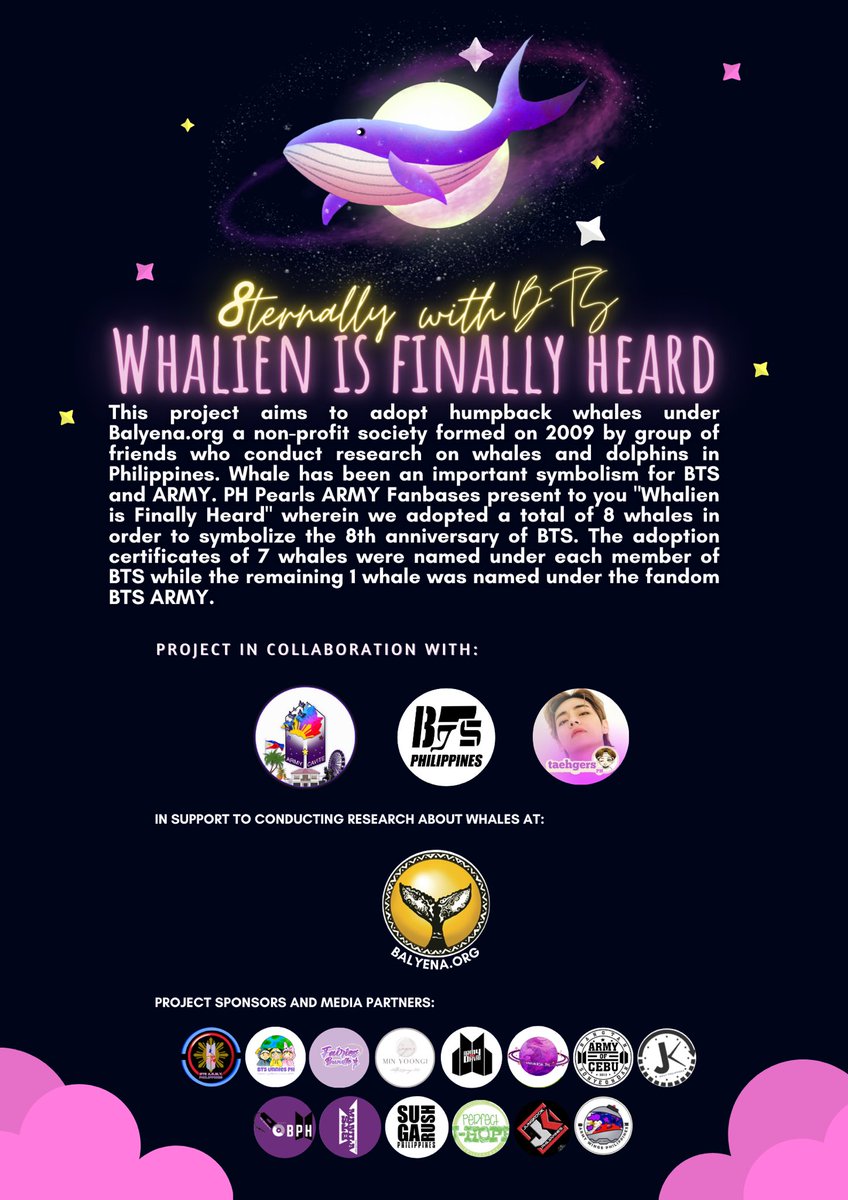 army_cavite's tweet photo. 𝐁𝐓𝐒 𝟖𝐭𝐡 𝐀𝐧𝐧𝐢𝐯𝐞𝐫𝐬𝐚𝐫𝐲 𝐏𝐫𝐨𝐣𝐞𝐜𝐭 🇵🇭
𝐏𝐀𝐑𝐓 2 - 𝐖𝐡𝐚𝐥𝐢𝐞𝐧 𝐢𝐬 𝐅𝐢𝐧𝐚𝐥𝐥𝐲 𝐇𝐞𝐚𝐫𝐝

Different BTS fanbases in the Philippines adopted 8 WHALES under the names of BTS members and ARMY.

SEE THREAD FOR DETAILS OF WHALES 🐋
@BTS_twt
#8ternallyWithBTS https://t.co/nUkv6Ai3W2