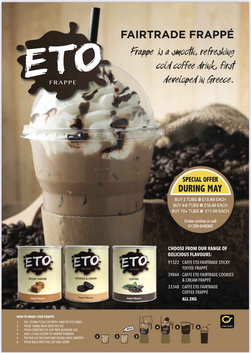 CaffeEto1's tweet photo. Happy glorious Bank Holiday!!
Why not add one our Frappes to your menu!
Currently on offer, don’t miss out!! @castellhowell
#frappe #coffee #barista #caffeeto https://t.co/3nOqDzcCyy