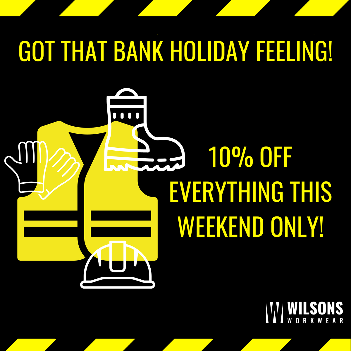 WilsonsWorkwear's tweet photo. 💫LAST TWO DAYS!

BANK HOLIDAY WEEKEND! 🙌

Let's get our weekend on with 10% OFF EVERYTHING THIS WEEKEND ONLY! 

Discount applied at checkout! 

Shop Now: https://t.co/77IFHbSa6x

#bankholiday #weekend #wilsonsworkwear https://t.co/wMnsqYcsJT