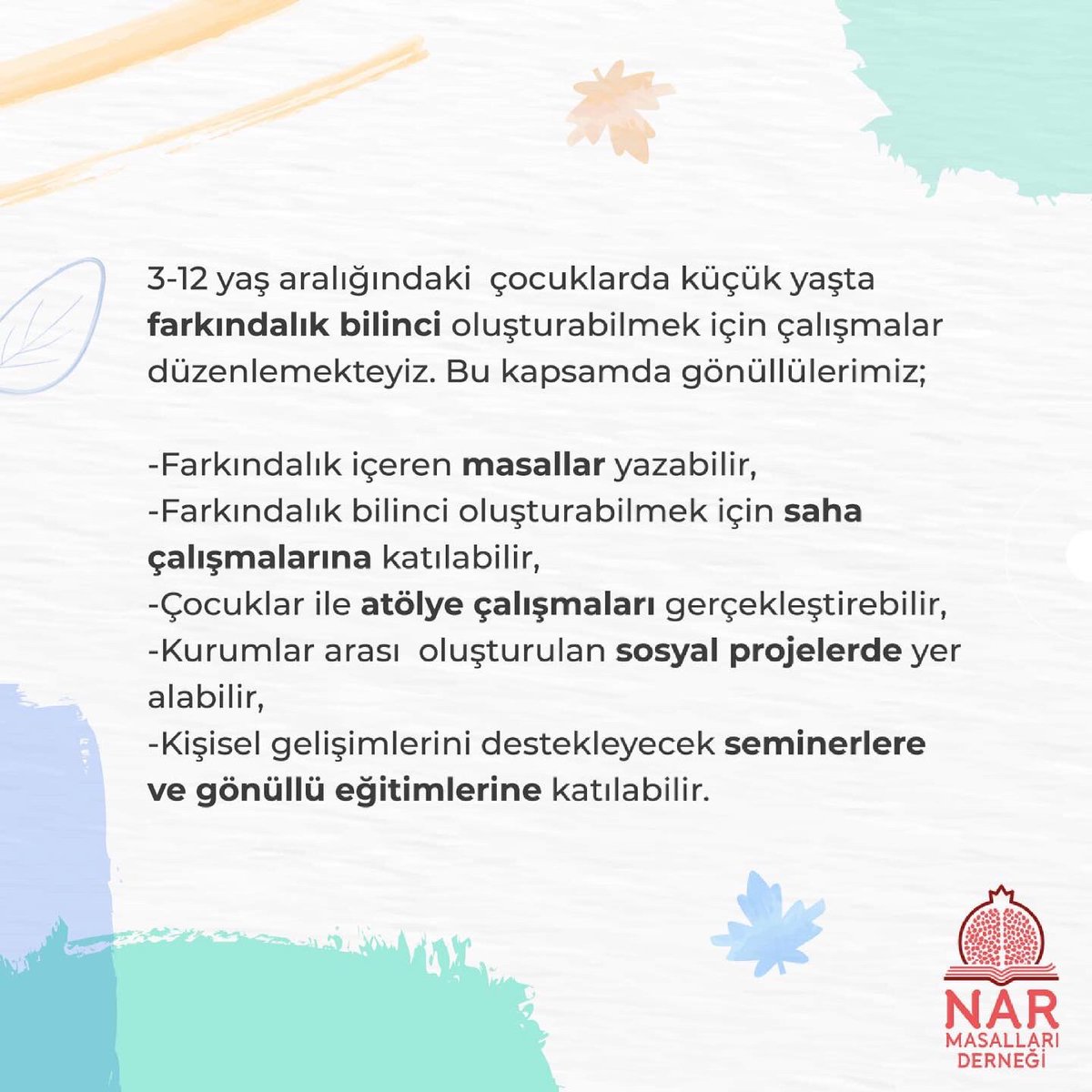 narmasallari's tweet photo. Nar Masalları Derneği gönüllüleri ne yapar, ekiplerde hangi faaliyetler gerçekleştirilir?
Gelin hep beraber göz atalım🔍 

Eğer sen de aramıza katılmak istersen üye başvuru duyurularımızı takip ederek gönüllümüz olabilir, ekiplerimizde yer alabilirsin🎈 

#narmasallari https://t.co/czScVb28A9