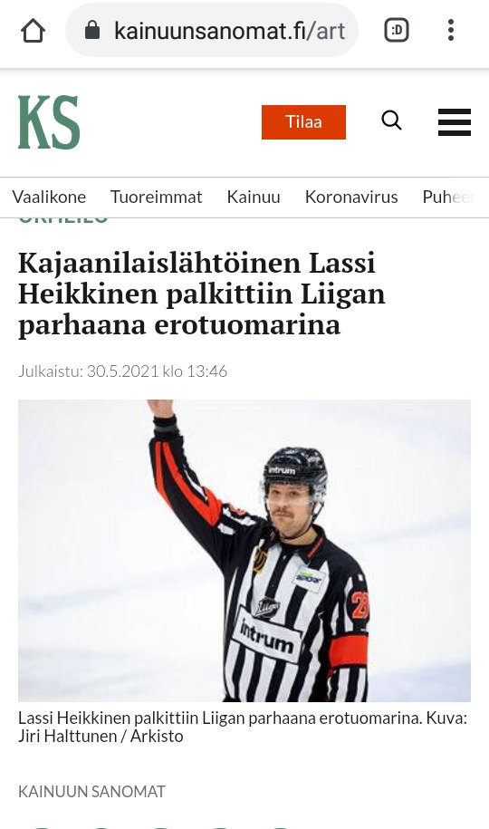 Kiekkoväki palkitsi kauden parhaitaan: liigan paras päätuomari Lassi Heikkinen ja linjatuomari Markus Hägerström. Jääkiekkoliitto palkitsi kauden parhaana Anssi Salosen. #tuomarit onnittelee palkittuja👏👏👏.

Mm. Kainuun Sanomat uutisoi näyttävästi - kotiseutu muistaa omiaan👍.