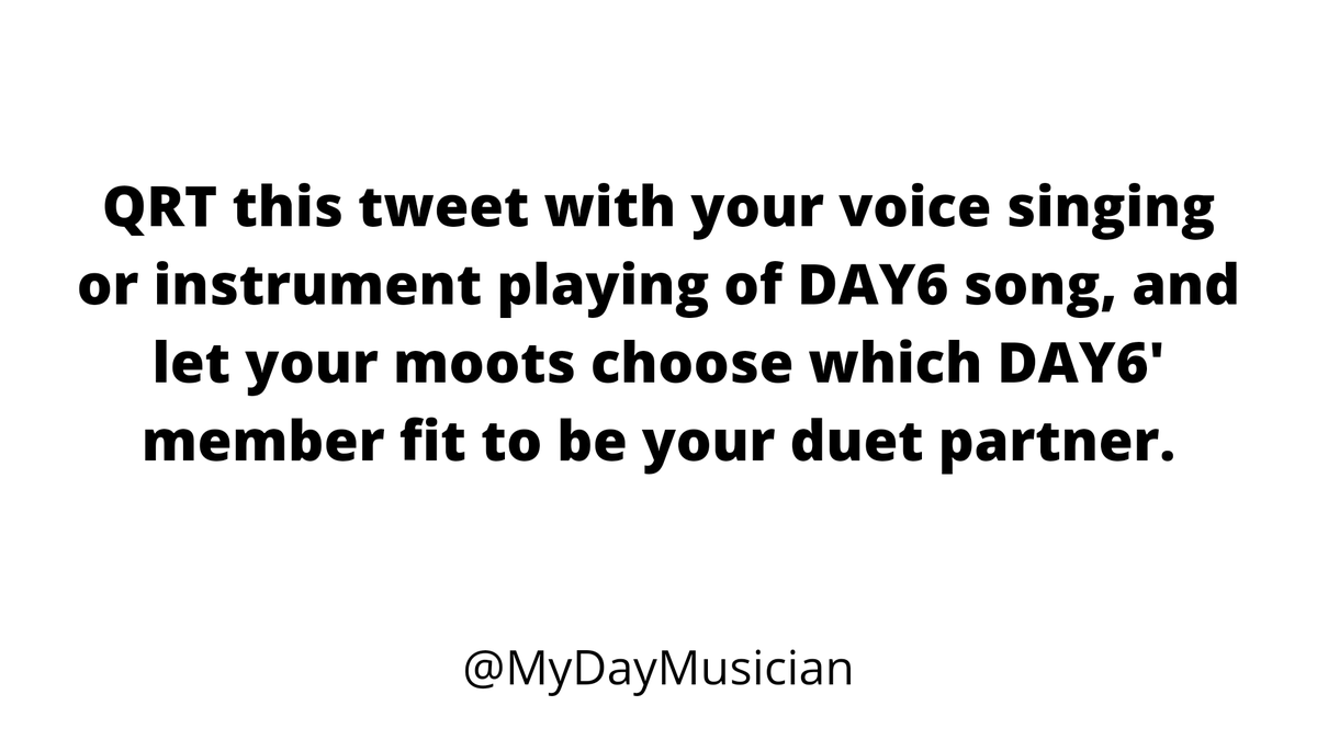 MyDayMusician's tweet photo. My Day, let's play a game✨
Yuk coba QRT tweet ini dengan video kalian nyanyi atau main instrument lagu DAY6, dan coba minta mutual kalian untuk pilih partner duet kamu di DAY6👀
Jangan lupa pakai hastag #myday_cover ya~ https://t.co/OzzIjGt3dL