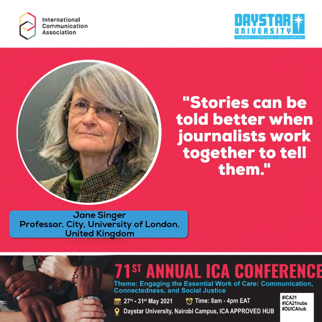 DaystarUni's tweet image. "Stories can be told better when journalists work together to tell them."
Jane Singer @JaneBSinger . Professor. City, University of London. United Kingdom @CityUniLondon

@DRGS_DU @icahdq @ayuyacarol @KTNNewsKE @ktnhome_  @ntvkenya  @ExperienceUSIU 

#ICA21 #ICA21hubs #DUICAhub