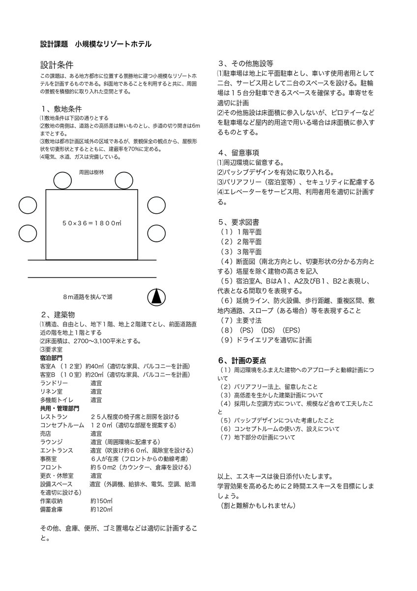 kaeiyo1003's tweet photo. 一級建築士の課題文作成してみました。
よろしければ解いてみてください。（割とボリュームあります）解いてみてよろしかったら返信で成果物を貼り付けていただけると嬉しいです！
＃一級建築士 
＃製図試験
＃エスキース
＃小規模なリゾートホテル
＃絶対合格
#資格取得 https://t.co/BTmYX7alFX