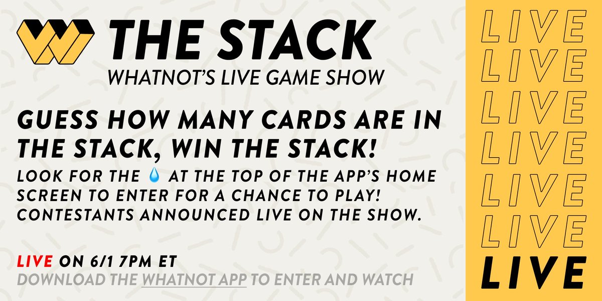 g_wolf15's tweet photo. Guess how many cards are in the stack, win the stack! THE STACK - Whatnot's first game show, premiers Tues,  6/1, 7p ET. Enter for a chance to play! Contestants announced live on the show!

Download the app to join and watch: https://t.co/8BTJ7PpRjT

#gameshow #whatnot #thestack https://t.co/zLGTTcWF50