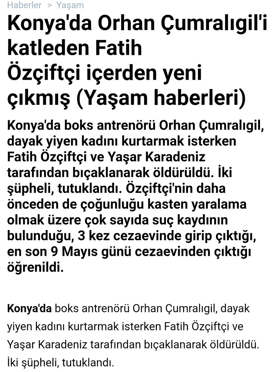 af / infaz indirimi bir masumun daha canına mal oldu..konya'da bir kadını darpederken kendisini engellemek isteyen orhan çumralıgil'i katleden fatih özçiftçi adlı pislik, hukumetin son af / infaz indirimi ile salınan on binlerce suç makinasindan biriymis