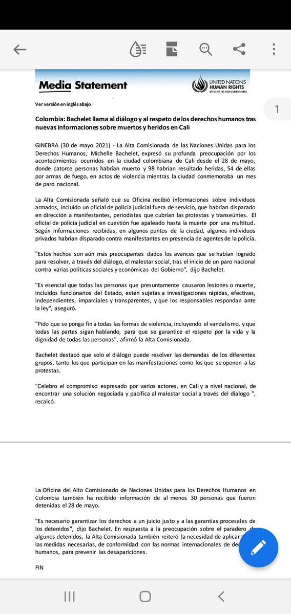 ONUHumanRights's tweet photo. La Alta Comisionada Michelle Bachelet expresó su profunda preocupación por acontecimientos ocurridos en #Cali desde el 28 de mayo, donde 14 personas habrían muerto y 98 habrían resultado heridas, 54 de ellas por armas de fuego, en actos de violencia, al mes del paro nacional https://t.co/Qu4fCsT2tu