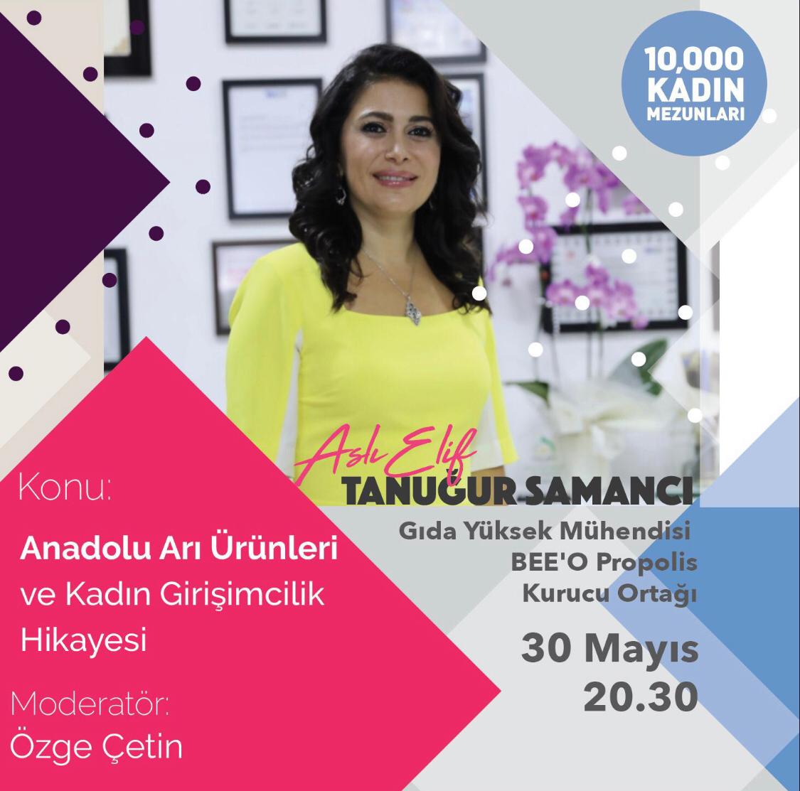 Mezunumuz <a href="/ozgeekartl/">Özge Kartal</a> moderatörlüğünde, bu akşam saat 20.30'da #10000kadinmezunlari <a href="/instagram/">Instagram</a> hesabında BEE'O Propolis kurucu ortağı <a href="/aslieliftanugur/">Dr. Aslı Elif Tanuğur Samancı</a> arı ürünleri ve #girişimcilik hikayesini anlatıyor.