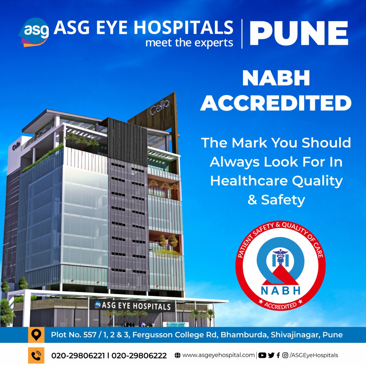 We are pleased to inform you that now ASG Eye Hospital Pune Center is NABH ACCREDITED.

#NABH #nabhaccreditation #NABHAccredited #ASG #NABHCertified #ASGpune  #besteyecare #EyeHospital #EyeHospitalIndia #CareWithExperience #TotalEyeCareSolution #besteyecarehospital