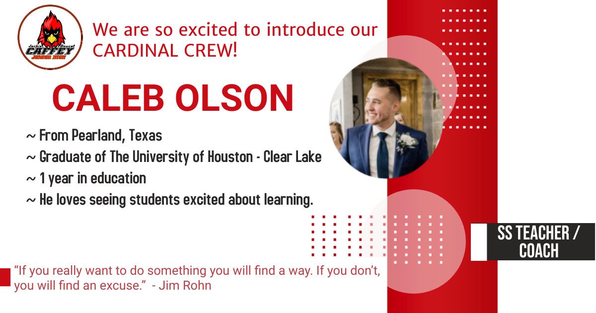 CaffeyJH's tweet photo. Cardinal Community,
We are so excited to introduce you to our #CardinalCrew that will help open Jackie Doucet Caffey Junior High!
Meet Coach Olson coming to us from Clear Creek ISD as a social studies teacher and coach!
#GoCards #TimeToFly 💛❤️ https://t.co/MHxsKFjysC