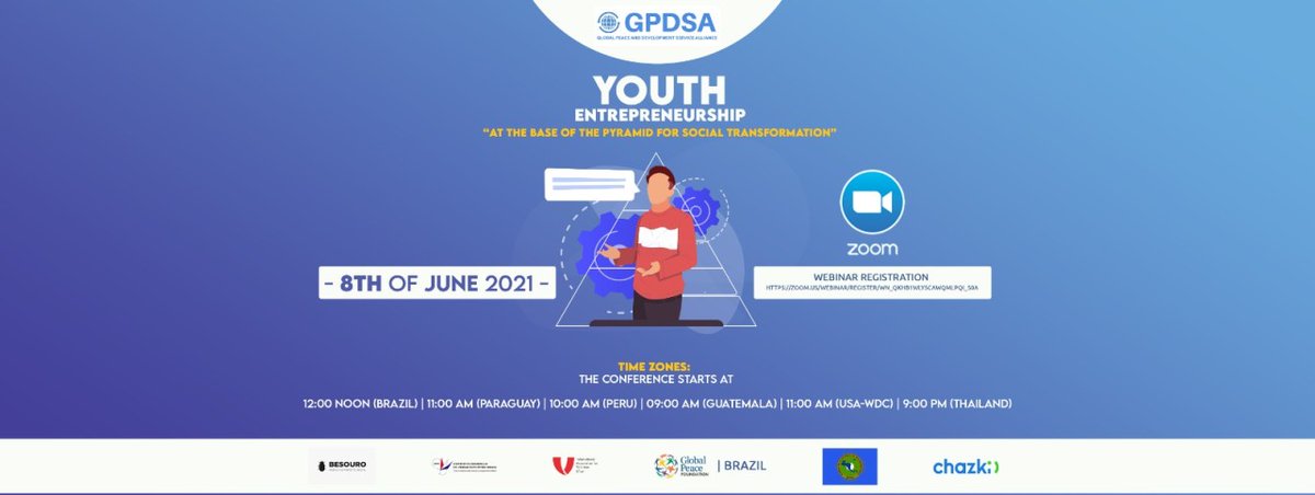 Join #GPF and GPDSA at the Youth Entrepreneurship at the Base of the Pyramid for Social Transformation on June 8, 2021! Register today at bit.ly/gpdsa2021

#GlobalPeace #gpf #youth #moralandinnovative #Leadership #SDGGoals #SDG #Entrepreneurship #SouthAmerica #USA