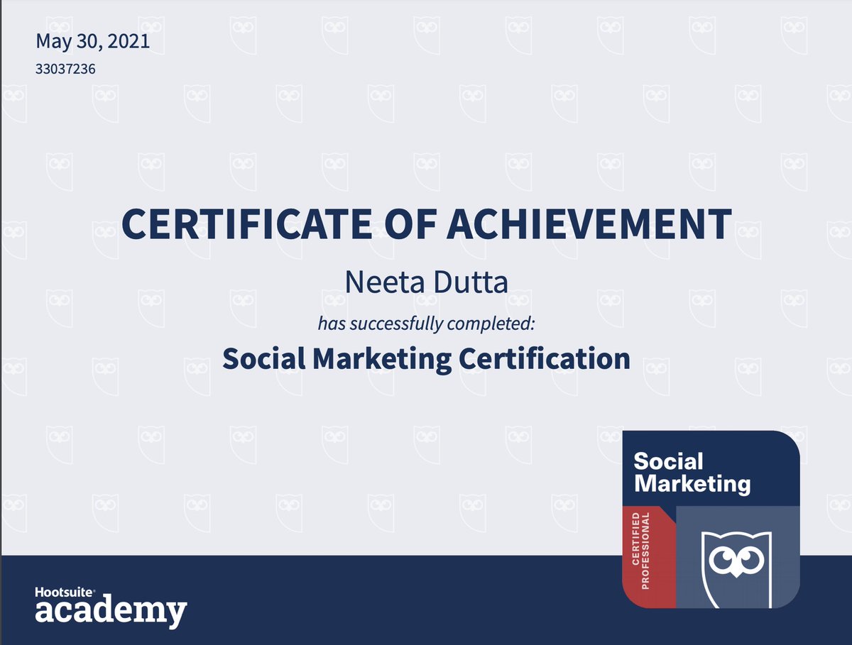 NeetaDutta7's tweet photo. Bumped up my Digital Marketing game 💃🏻 with @hootsuite Social Marketing and Platform Certification. Thank you 🙏🏻 @Victoria_Renton for the exciting opportunity to learn something new everyday ! #MKTG56693 #DigitalMarketing #hootsuite #socialmediamarketing #sheridancollege https://t.co/Uuei2SPrcg
