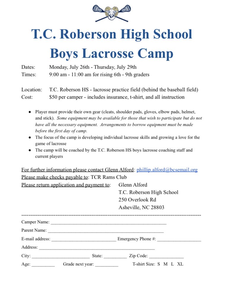 Are you looking for things to do this summer? Are you interested in trying out the sport of lacrosse? Or maybe you want to improve your lacrosse game? Whatever the reason may be, check out our lacrosse camp this summer. July 26th-29th. 9am-11am.  tcrhs.buncombeschools.org/common/pages/U…