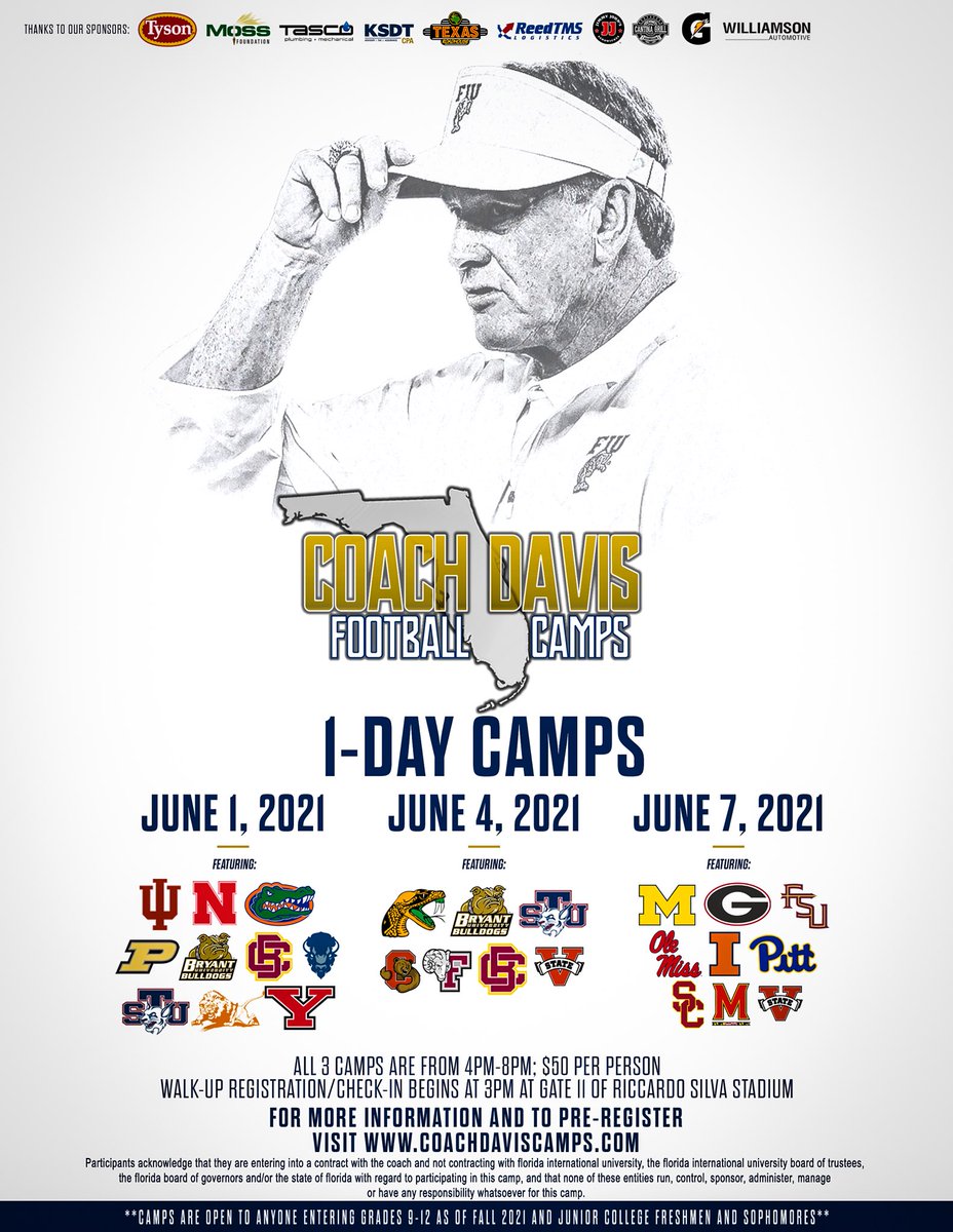 FIUFootball's tweet image. Only a couple days away! 

Make sure to pre-register today at coachdaviscamps.com 

#PawsUp 🐾 I #PantherPride