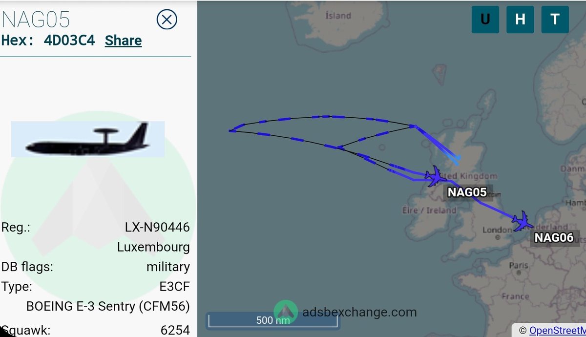 vcdgf555's tweet photo. Good morning.
Pair of NATO E-3 Sentry AWACS aircraft out over the North Atlantic.
🇱🇺 NAG05 is LX-N90446 #4D03C4
🇱🇺 NAG06 is LX-N90452 #4D03CA https://t.co/egCuVOuI8z
