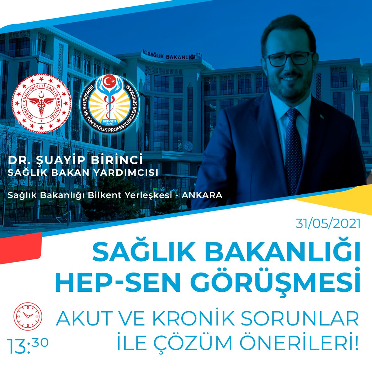 hepsen_2020's tweet photo. Yönetim Kurulumuz ile Sağlık Bakan Yrd. Sayın Şuayip BİRİNCİ ile 31/05/2021 tarihinde saat 13:30’da Sağlık Bakanlığı Yerleşkesinde görüşülecektir.Sayın Bakan Yardımcısının randevu talebimize olumlu yanıt vermesi memnuniyetle karşılanmış olup kendisine teşekkürlerimizi iletiyoruz. https://t.co/9suG1m9fvi