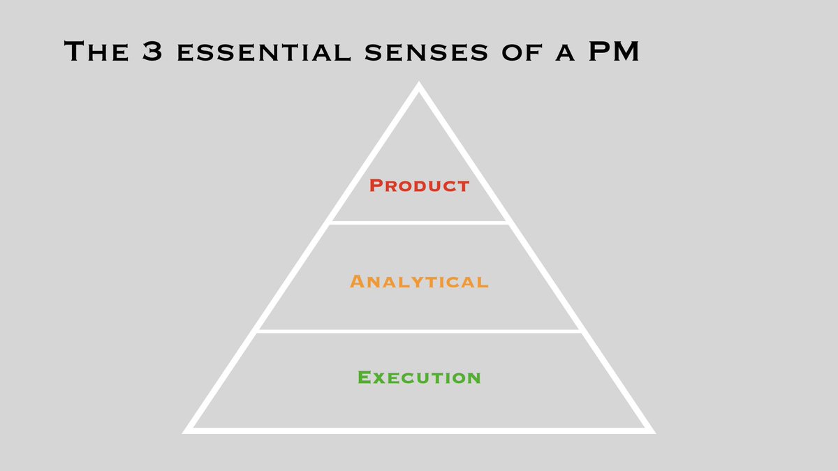 22/The 3 Essential Senses of a PM1. Execution sense2. Analytical sense3. Product senseIt is important for PMs to understand these senses, identify their superpower, identify any liabilities & be intentional about their growth.To learn more: https://twitter.com/shreyas/status/1055720049879773186