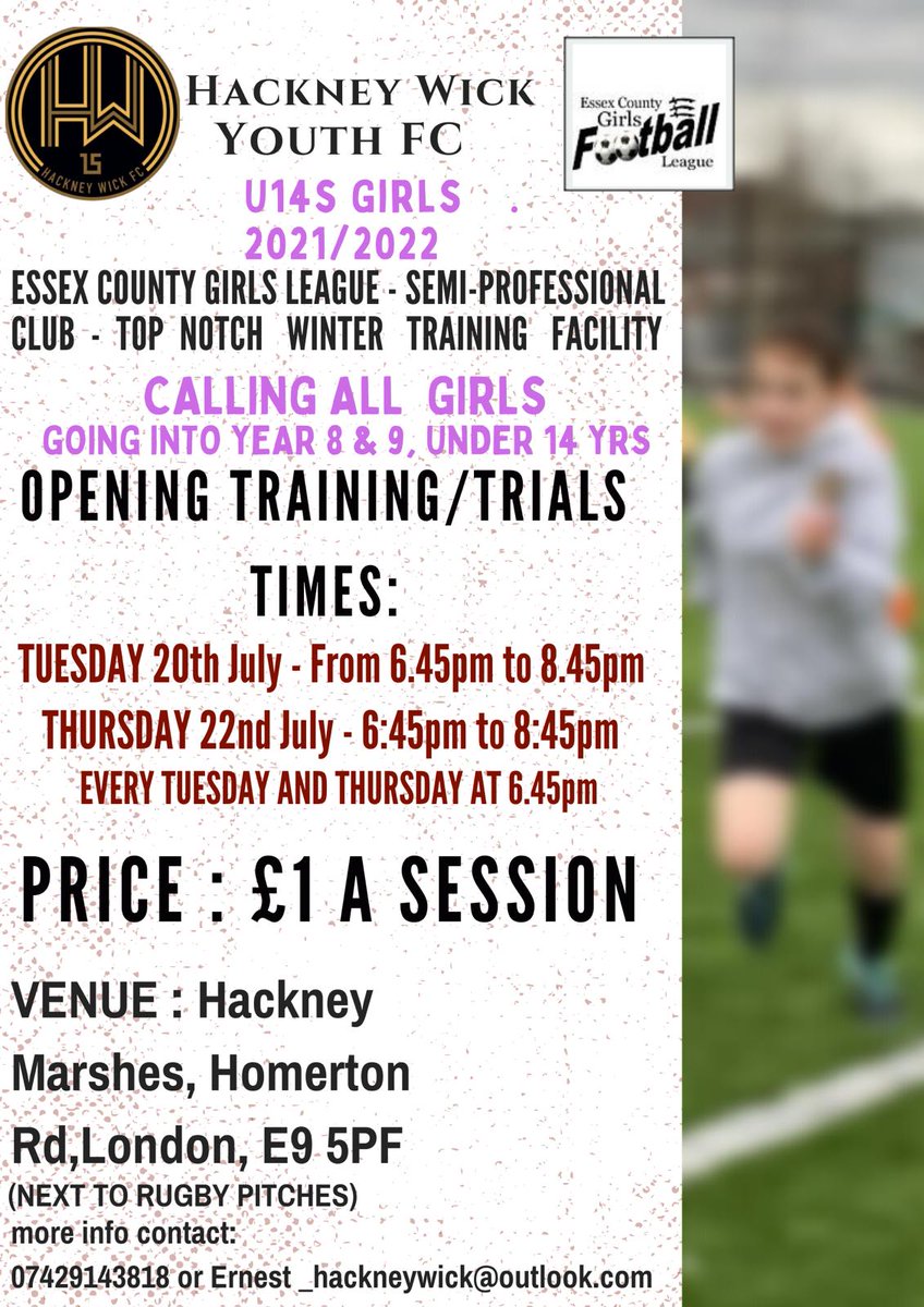 We are developing our Girls section for next season. 
Looking for coaches and new players for the following age groups:
U13s, U14s, U16 Girls.
Please #retweet #Share with your network
#EastLondon #GirlsFootball #Hackney
⚽️⚽️⚽️⚽️⚽️⚽️