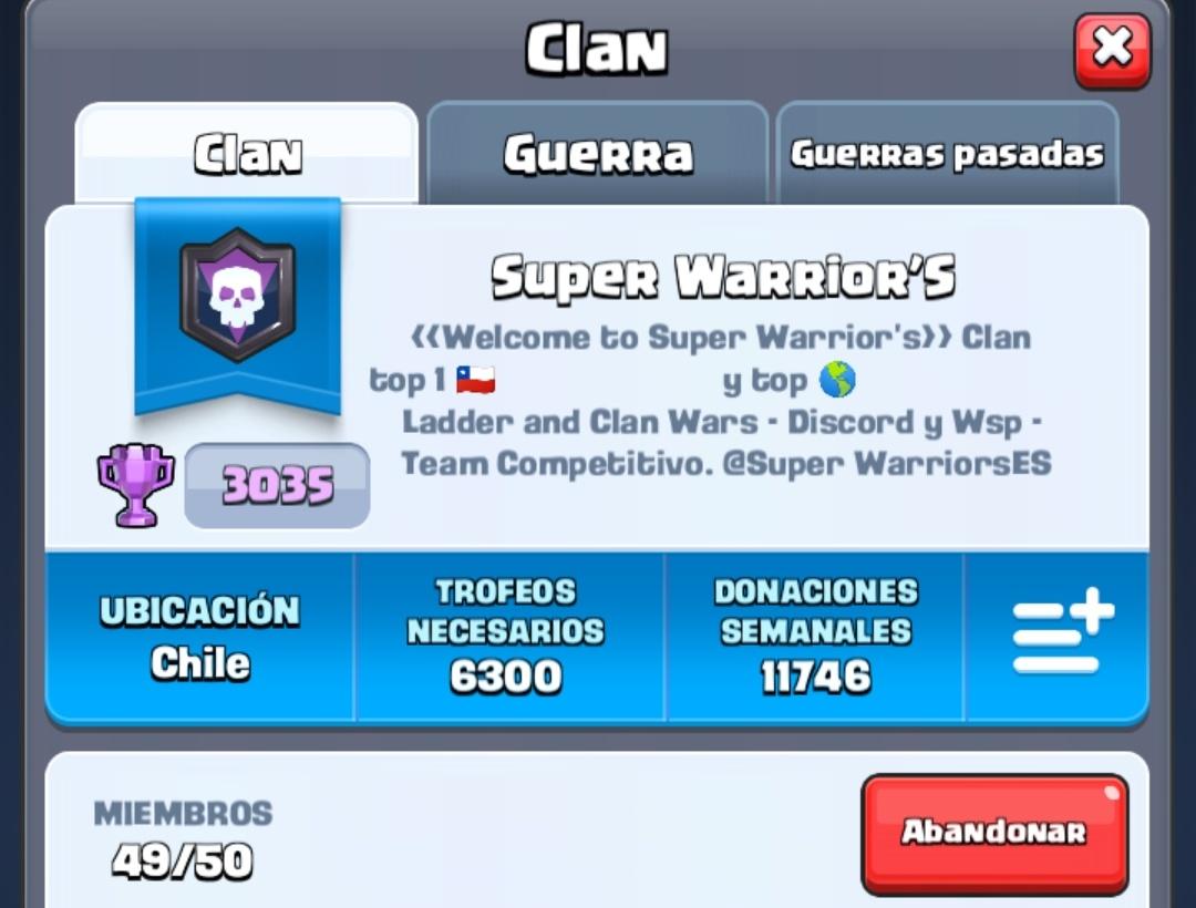 💥Premios Ladder Clan "Súper Warrior'S"💥
1er Lugar 35.000 CLP/ 48 USD
2do Lugar 20.000 CLP/ 27 USD 
3er Lugar 12.000 CLP/ 16 USD
4to Lugar 7.000 CLP/ 9 USD
5to Lugar 4.000 CLP/ 5 USD

Requisitos Para Participar Y Link Del Clan Al MD✅

Se agradece ❤ &amp; 🔄