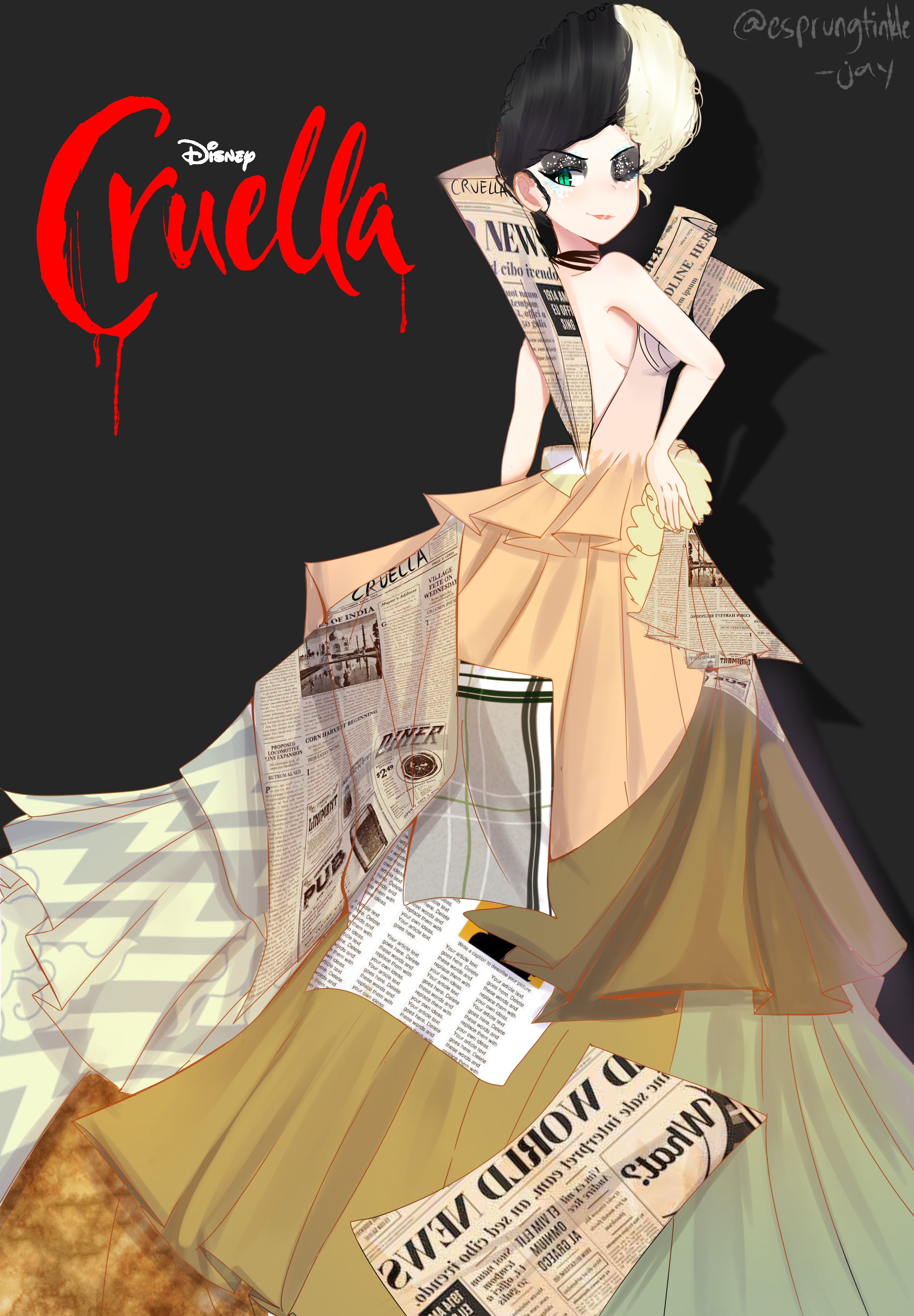 X 上的Jay!🇵🇭🇯🇵//commission open//：「Drawing Cruella Fanart and her Garbage  Dress (my personal favorite) I saw the movie the ending shook me tho :0  hope u guys like it #fanart #art #ArtistO