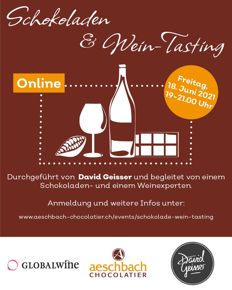 AeschbachChoco's tweet photo. NEW “Chocolate &amp; Wine Tasting” June 18, 2021
Enjoy yourself in the world of chocolate and wine and be surprised by exciting combinations.
David Geisser will guide you through the culinary worlds of #chocolate and #wine.
https://t.co/DLPHKxBtif
#AeschbachChocolatier #WineTesting https://t.co/E8RDrjev2U