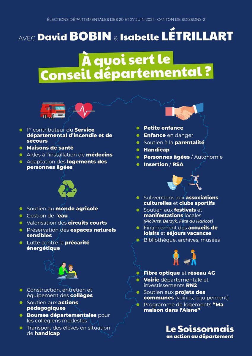 ✅🗳 Histoire de faire le tri entre fausses promesses et propositions concrètes, il est toujours bon de rappeler les compétences du Conseil départemental 😉

#VotezBobinLetrillart #LeSoissonnaisEnActionAuDepartement #Departementales2021
