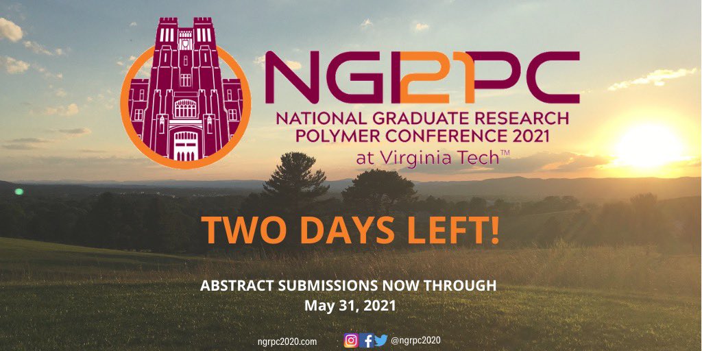 ngrpc2021's tweet image. Only two days left to submit your abstracts!! Visit ngrpc2021.com for more info :) We cannot wait to celebrate graduate level excellence in polymers research with you all 😊 #ngrpc2021