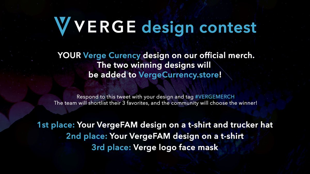 vergecurrency's tweet photo. Last few days to enter your shirt design for our contest. In addition to the prizes above @Bane420xvg is donating to the pool.

1. Submit your design to this thread with the tag #VergeMerch
2. Follow, Retweet &amp; Like

Prizes
1. 4,200
2. 2,700
3. 1,500

Good Luck! https://t.co/S0hJaswQCL