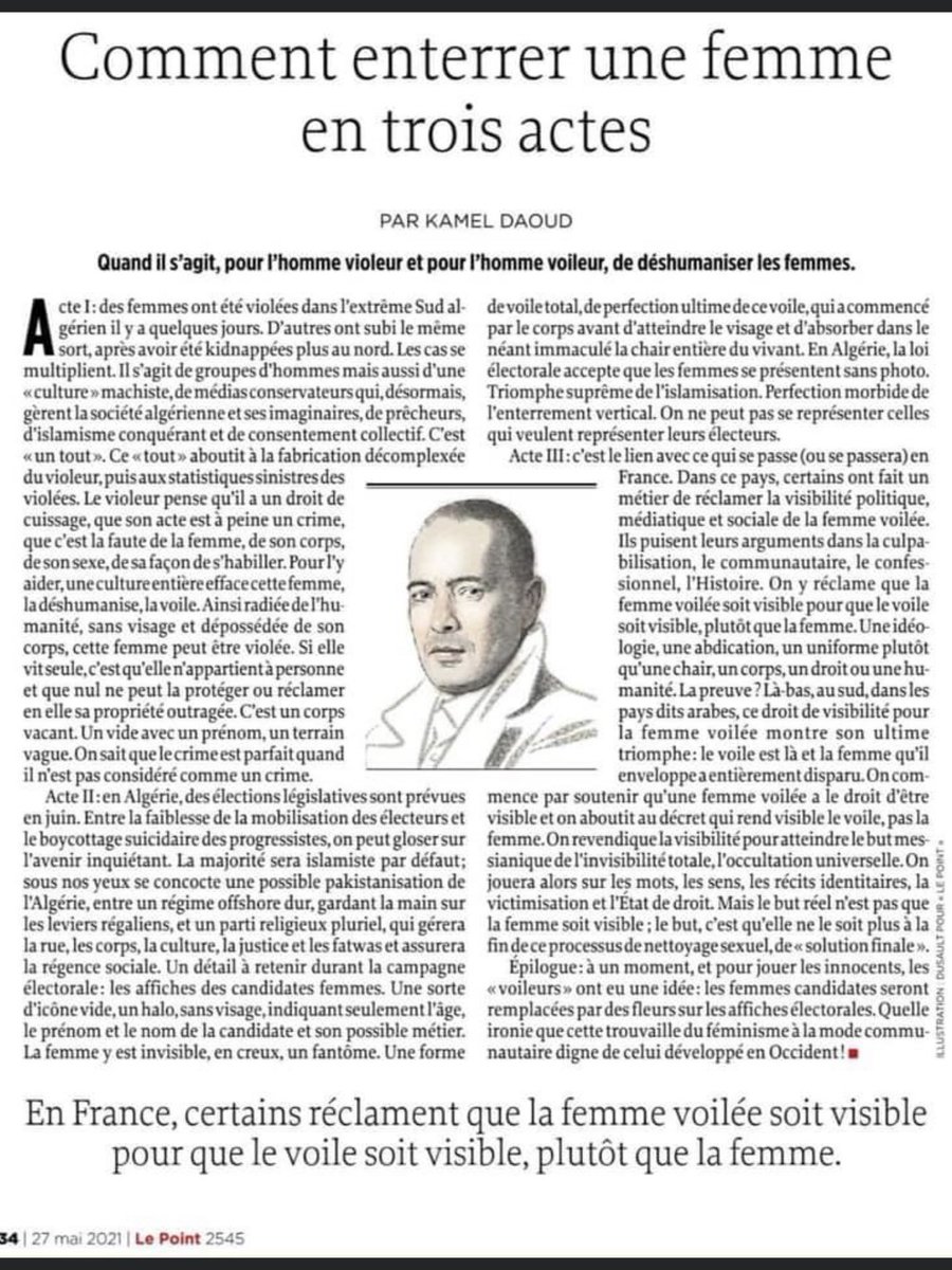 RPLQuebec's tweet photo. Quel article percutant de Kamal Daoud !

Voilà ce que signifie, en réalité, vouloir rendre visible le voile. Le voile, cet instrument visible de l'invisibilisation des femmes. https://t.co/lgmqhfDxsm