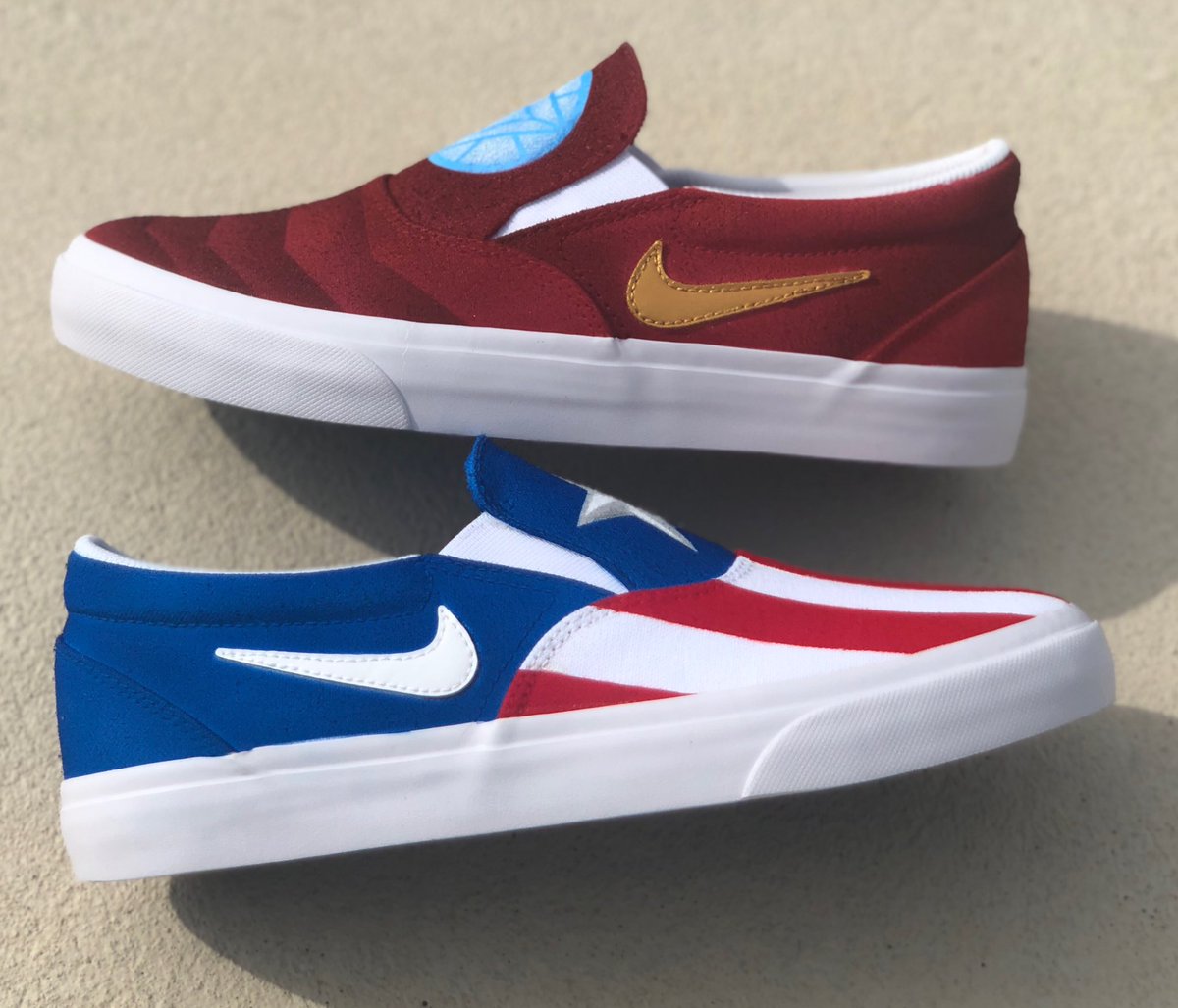 NachoShoe's tweet photo. Custom Marvel themed Nike canvas slips.  
Arc reactor glows under a black light!

#NachoShoe #Nike #customshoes #sneakerheads #marvel #glow #canvas #slipon #nikesb #ironman #captainamerica #civilwar #avengers https://t.co/VRKAXUOLH2
