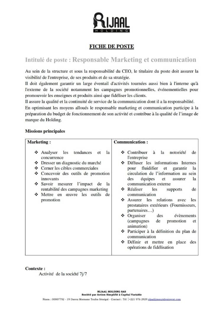 MLBara_LO's tweet photo. OFFRE D’EMPLOI RIJAAL HOLDING

RIJAAL HOLDING SAS recherche un Responsable Marketing et Communication.

Le poste est localisé à #TOUBA.
Date limite dépôt: 10/06/2021

Voir autres détails sur les photos.
@sarrmoctar #Senchan 
#Kebetu #JobAlert https://t.co/zBY1jBu0Cg