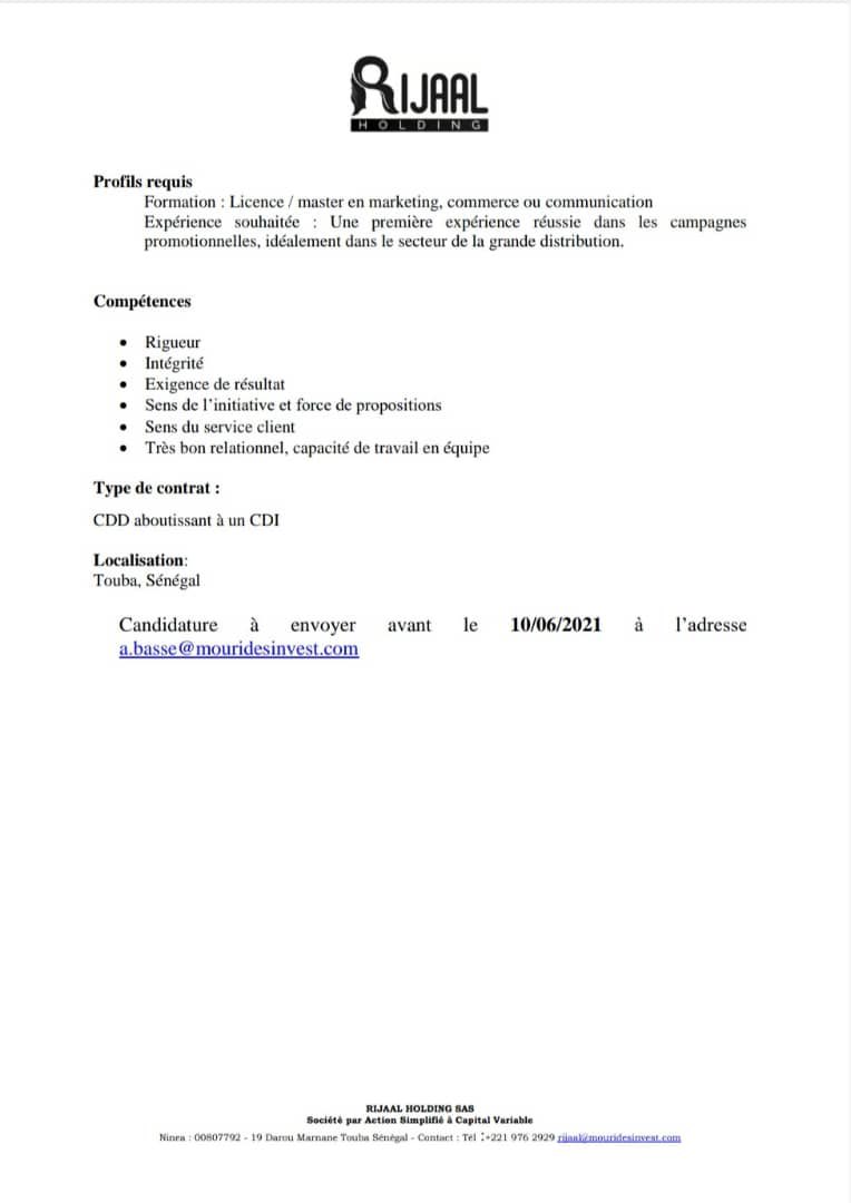 MLBara_LO's tweet photo. OFFRE D’EMPLOI RIJAAL HOLDING

RIJAAL HOLDING SAS recherche un Responsable Marketing et Communication.

Le poste est localisé à #TOUBA.
Date limite dépôt: 10/06/2021

Voir autres détails sur les photos.
@sarrmoctar #Senchan 
#Kebetu #JobAlert https://t.co/zBY1jBu0Cg