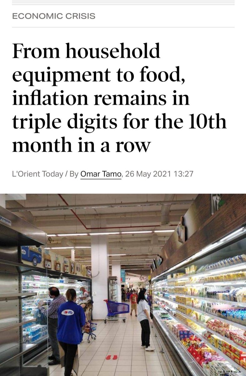 SarahZahr1's tweet photo. Where are we heading to?
From L' Orient Today article:
- National currency lost about 88% of its value.
- The cost of basic needs (water, electricity, etc.) rose by 83%.
- Price of a basket of goods/services was 121.66% higher in April 2021 vs. April 2020.
#tripledigit inflation https://t.co/K43Q1PMWpc