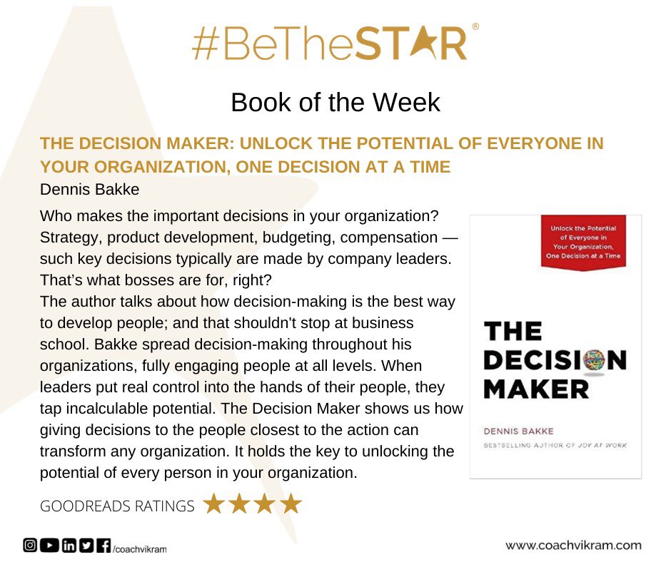 CoachVikram's tweet photo. #BookOfTheWeek #BeTheSTAR
#TheDecisionMaker #DennisBakke
https://t.co/auwhp5qVvM https://t.co/8Bjx7pvgyo