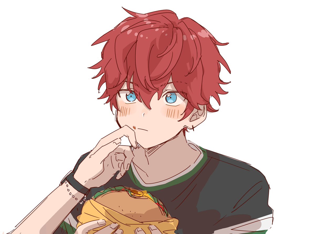 1boy food male focus red hair blue eyes white background solo  illustration images