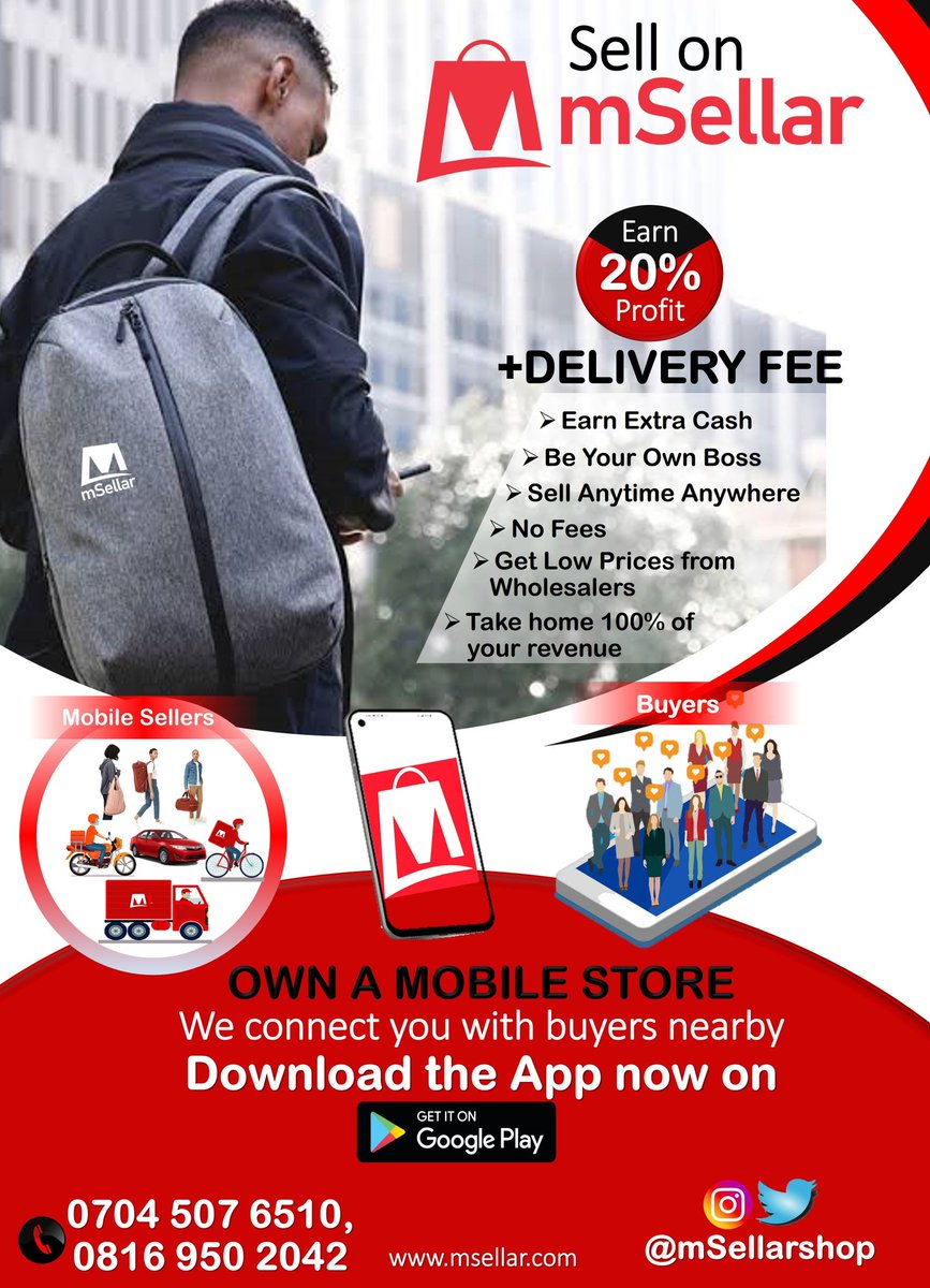 AdewaleOparinde's tweet photo. Earn 20% Profit. Own a mobile store and sell on mSellar. Download the app on Playstore 
#mSellar #mobilestore #mobilesellers https://t.co/G0gEwoKt0h https://t.co/jtd53euDmo