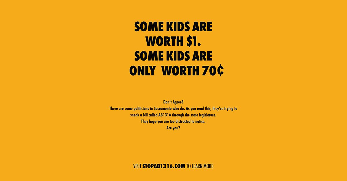StopAB1316's tweet photo. #AB1316 would cut funding and education options for disadvantaged students and deny them of their basic civil right to a quality public education.

We believe every child deserves an equal opportunity and equal educational funding. #StopAB1316

➡️  https://t.co/A69Qz2wMsg https://t.co/Wq5bwv1tHj