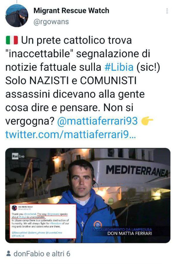 ⚠️Un account @Twitter, dietro il quale si nascondono da anni apparati di intelligence attivi nella propaganda di notizie false a favore degli aguzzini in #Libia e contro l'attività umanitaria, attacca e minaccia don <a href="/mattiaferrari93/">don Mattia Ferrari</a>. Non ci facciamo intimidire,stateci alla larga!