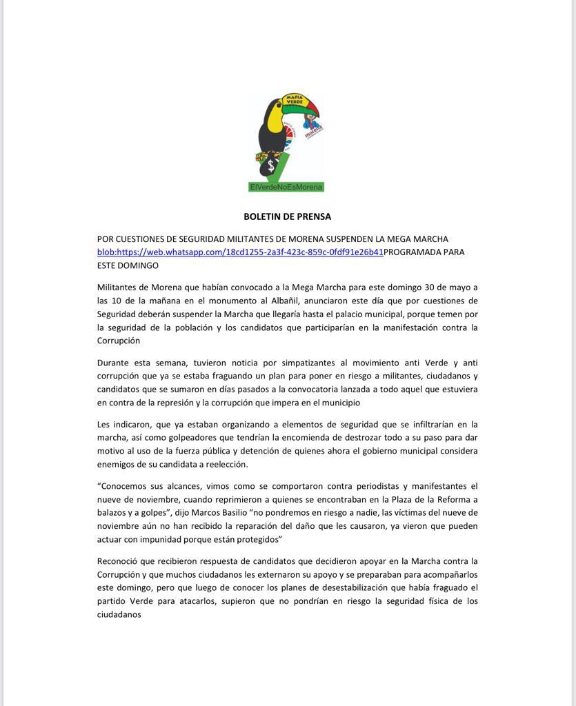 #Entérate  La megamarcha anunciada para este domingo por parte de los marybelistas quedó cancelada